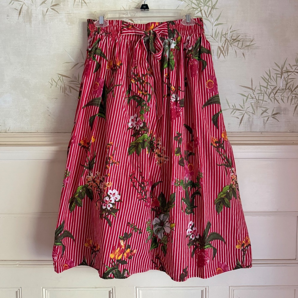 Striped Floral Midi Skirt 100% Cotton Red Tie Waist - Small
